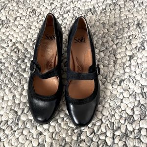 Sofft Black 2” heeled leather black shoe.  Leather uppers with suede trim.